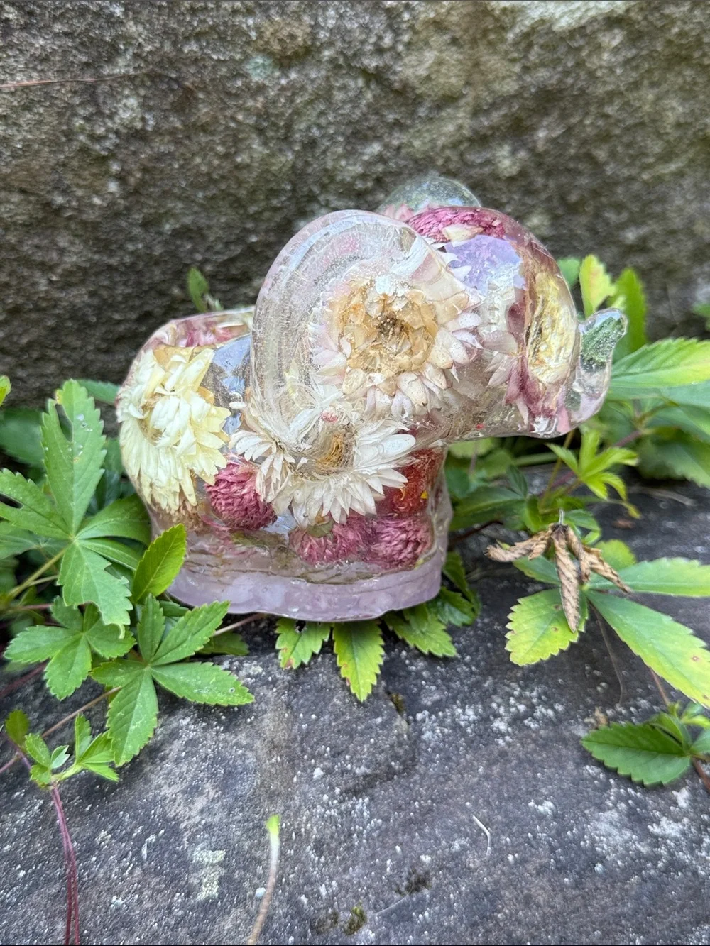 Handcrafted Pink and Cream Floral Elephant Resin candle holder